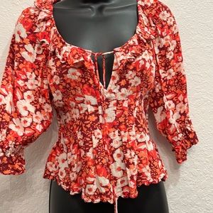 FREE PEOPLE Sweet Heart Memories Top XS Smocked Peasant Coquette Floral Milkmaid